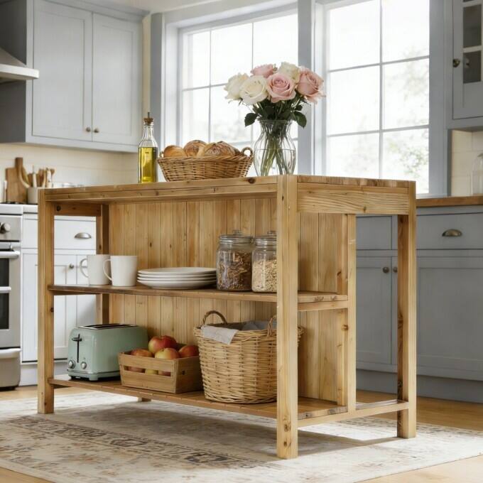 59.05" Solid Wood Farmhouse Kitchen Island with Open Storage Shelves