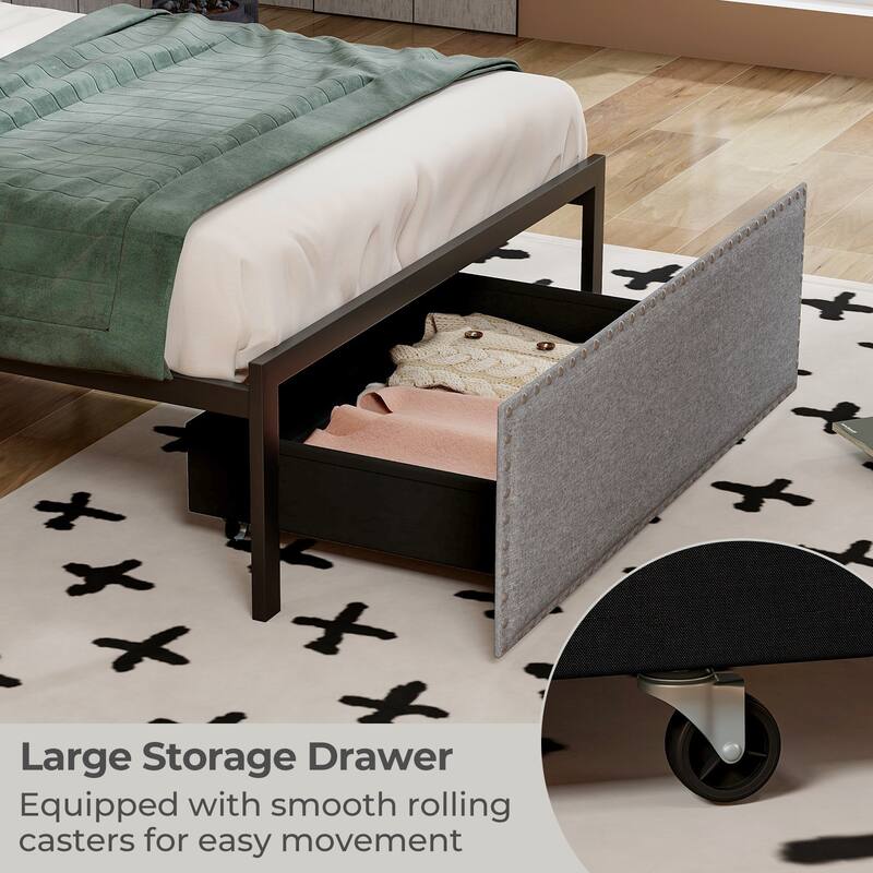 Full/Queen/Twin Size Bed Frame with LED Lights Drawer and Metal Slats
