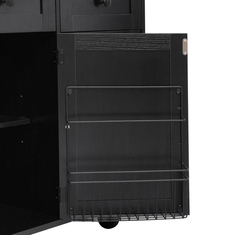 46.5'' Farmhouse Kitchen Island with Drape of Beads, Power Outlet, Drop Leaf, Rolling Wheels, 3 Doors and 3 Drawers