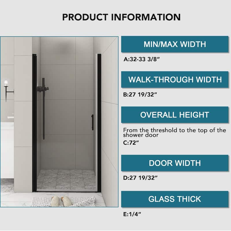 30/32/34/36 Inch Semi-Frameless Pivot Shower Door with Clear Tempered Glass