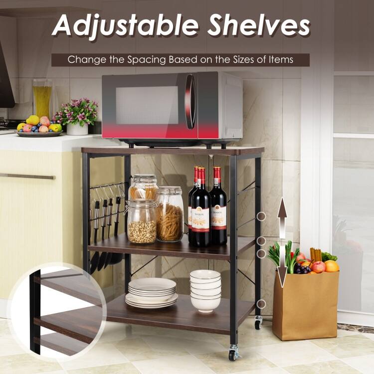3-Tier Kitchen Baker's Rack Microwave Oven Storage Cart with Hooks - 23.5" x 16" x 29" (L x W x H)