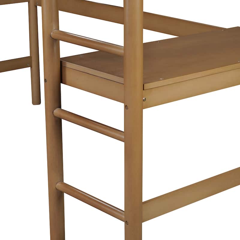 Wood Twin Size Loft Bed with Desk, Boucle Upholstered Headboard and Footboard with Ladder, Safety Guardrails