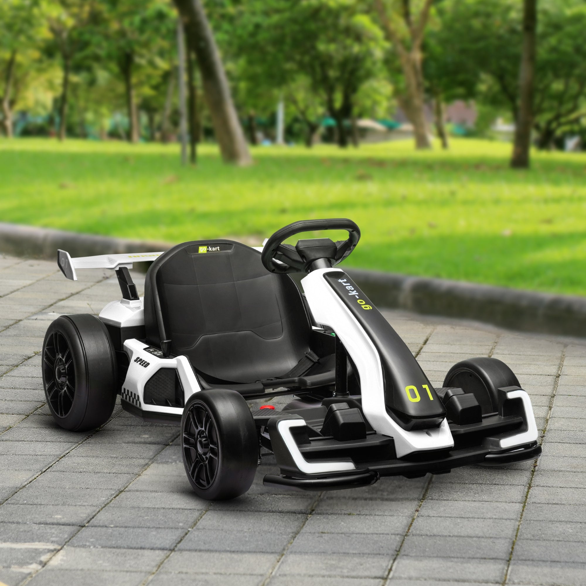 24V Electric Drift Go Kart for Kids, White Battery Powered Ride on Toy Outdoor Electric Car with Music