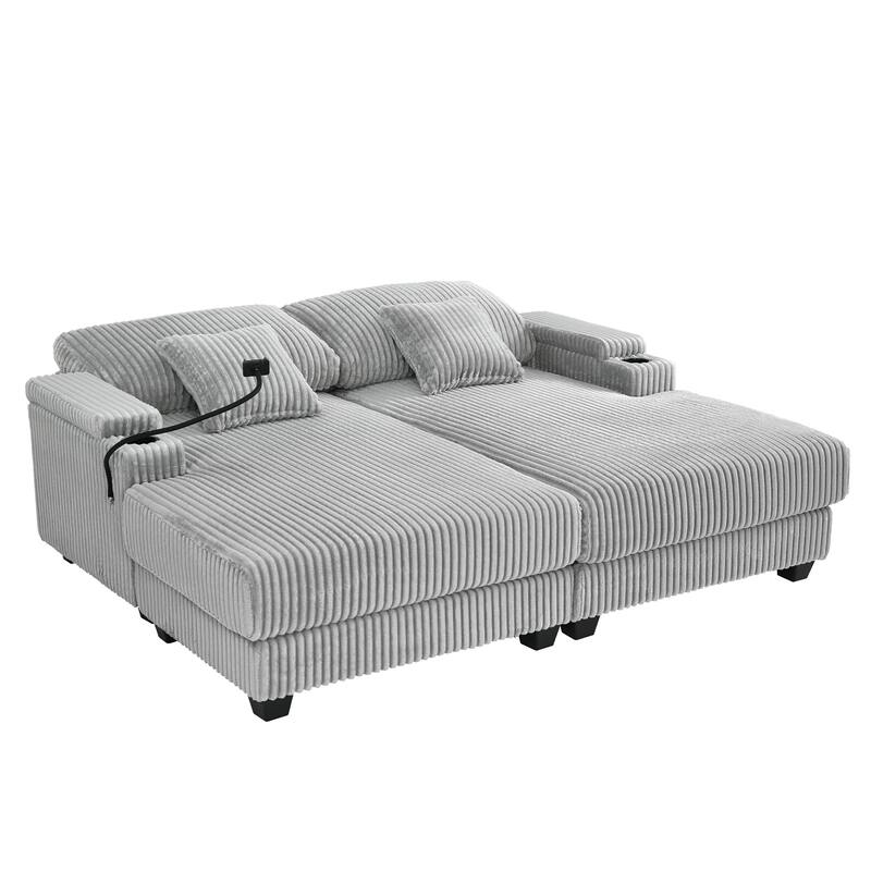 Corduroy Chaise Lounge Sofa Loveseat Sleeper Sofa with Adjustable Backrest, Cup Holders, Phone Holder and Dual Storage Armrest