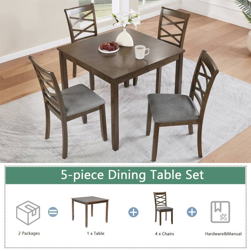 5-Piece Square Dining Table Set with 4 Upholstered Chairs, Rustic Coffee Table Walnut Breakfast Nook