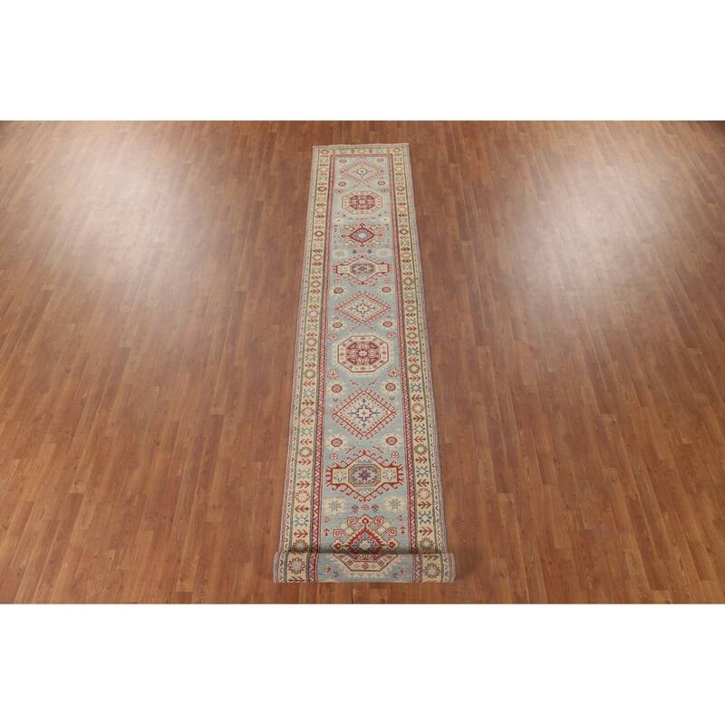 Blue Kazak Runner Rug Handmade Oriental Wool Carpet - 2'8" x 15'8"