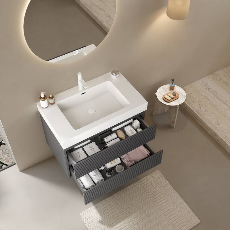 Plywood Wall-Mounted Bathroom Vanity Set in Grey with Integrated Acrylic Sink