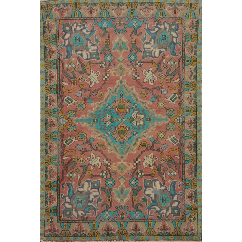 Hand Knotted Oriental 100% Wool Carpet Traditional Floral Pink Tabriz Area Rug - 6' 11'' X 4' 9''