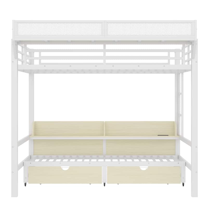 Queen over Queen Bunk Bed Frame with USB Ports, LED Lights, Storage Shelves and Drawers, Lower Bed Converted into Sofa