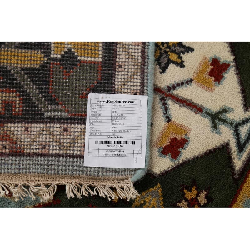Light Blue Geometric Kazak Indian Area Rug Hand-Knotted Wool Carpet - 8'0"x 10'2"
