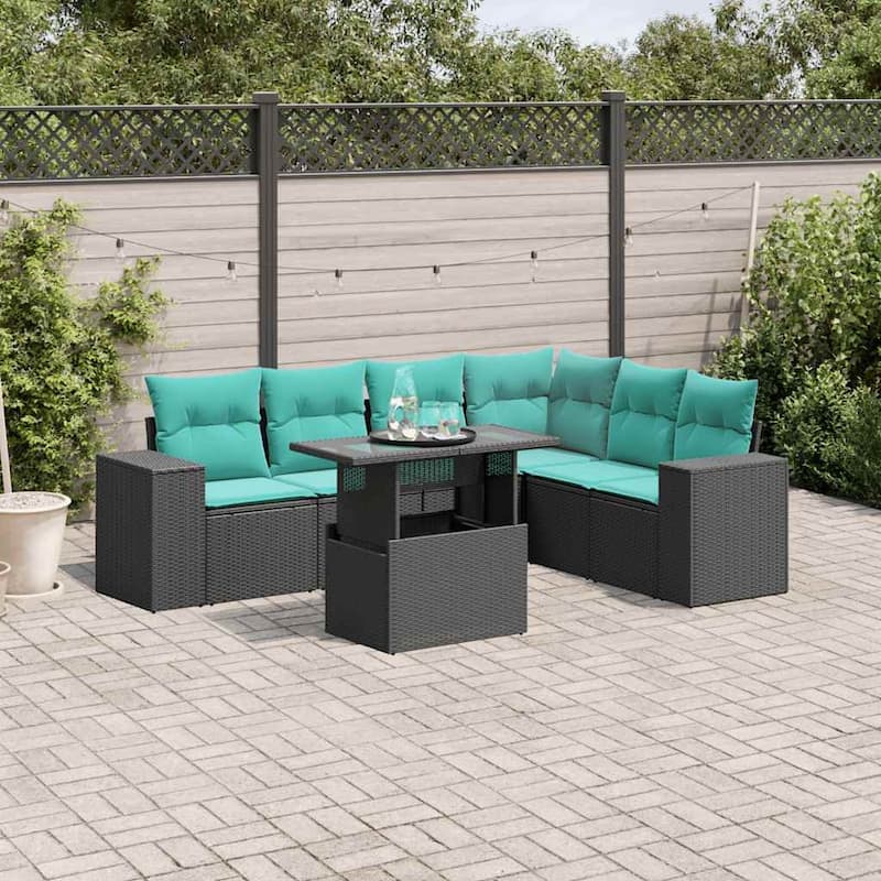 vidaXL Patio Sofa Set with Cushions Table and Couches 7 Piece Poly Rattan - 24.4" x 24.4" x 27.2" - Black without storage