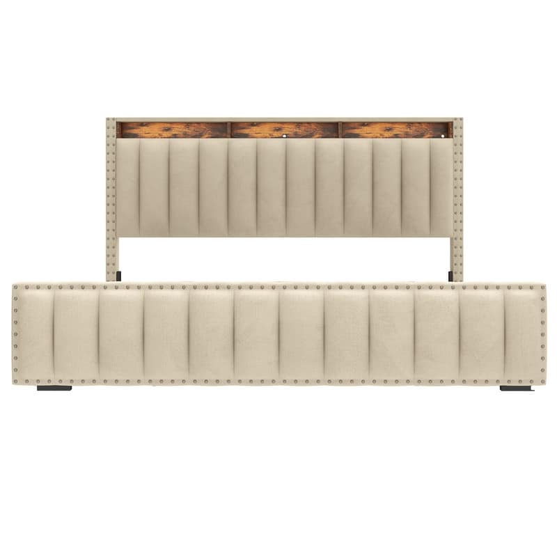 Full / Queen / King Size Platform Bed Frame with Upholstered Storage Headboard and 4 Drawers