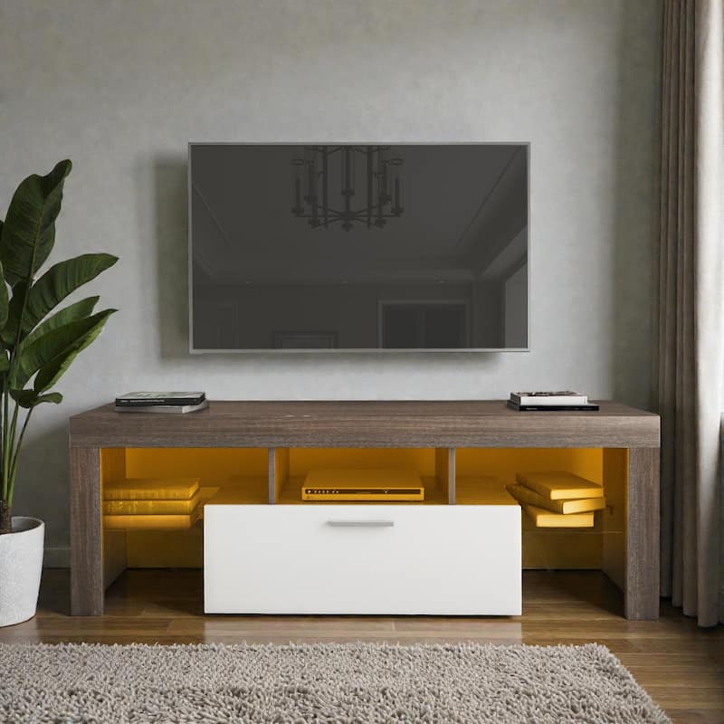 Modern Brown & White TV Stand with LED Lights, 51" Media Console for 55" TV, Toughened Glass Shelf & Quick Assembly - Brown White