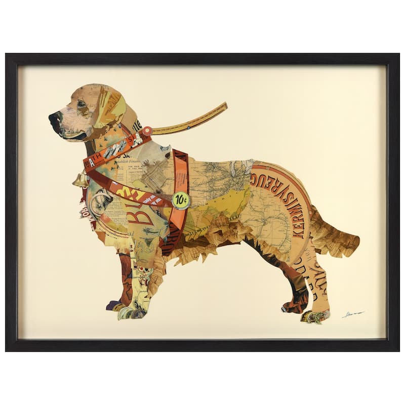 "Golden Retriever" Hand-made Dimensional Wall Art Collage, under glass, encased on a black shadow box frame