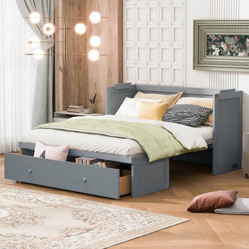 Queen Size 2-in-1 Murphy Bed Cabinet with Space Saving Design with Built in USB/Power Outlets, Large Storage Drawer