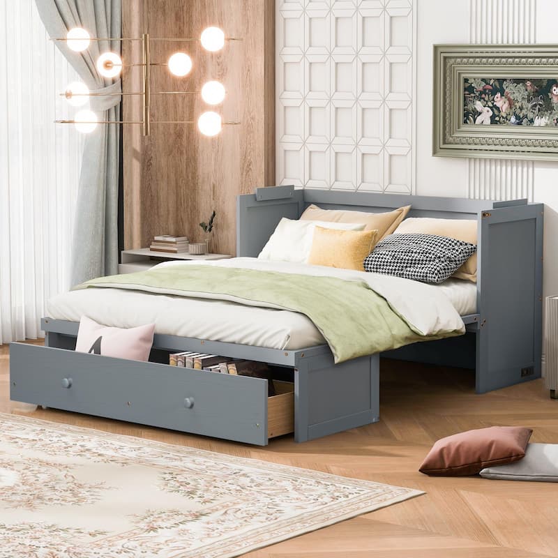 Queen Size Murphy Bed Cabinet with USB Charging Ports and Storage Drawer, Foldable Space-Saving Design with Pine Wood Frame