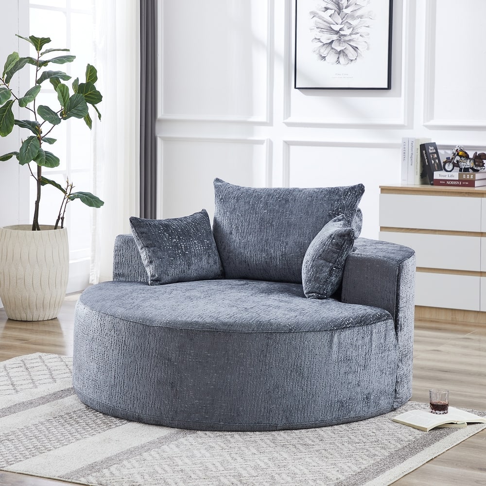 Round Floor Sofa Chair, Chenille Compressed Circle Chaise Lounge, Boneless Barrel Chair, Lazy Bean Bag Couch Accent Chair