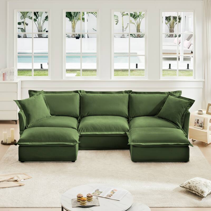 3-Seater Slipcovered U-Shape Sectional Deep Seat Sofa Couch with 2 Ottomans