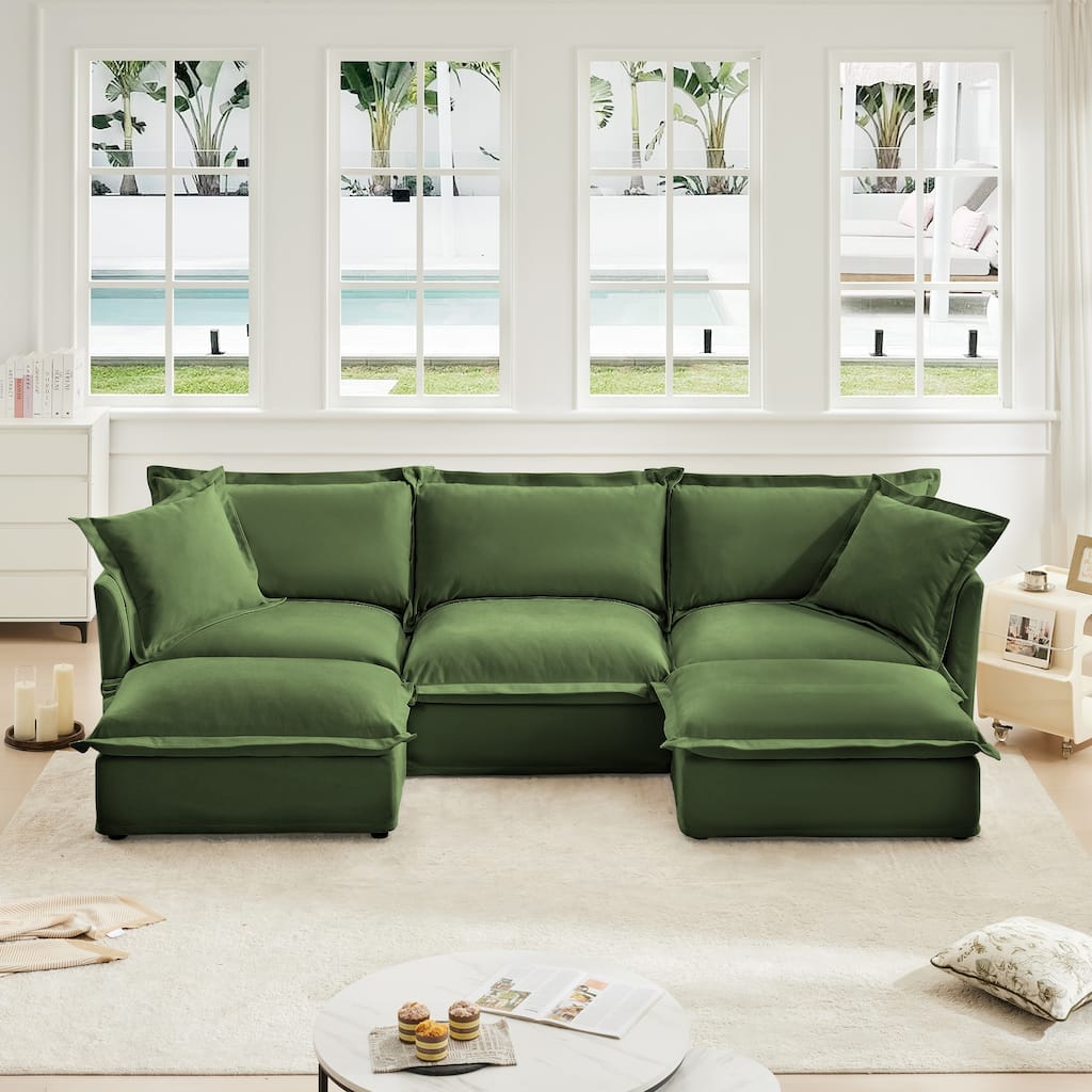 Corduroy Fabric Loveseat Sofa, 2 Seater L Shaped Sectional with 1 Footrest and Ottoman and 2 cushions for Living Room
