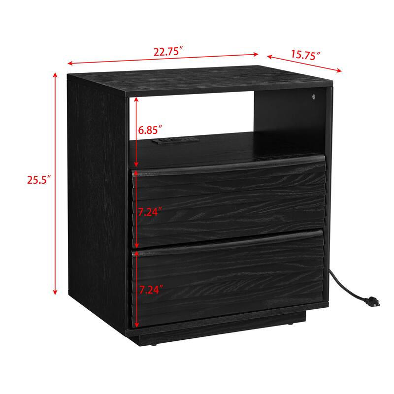 Anmytek Black 2 Drawer Side Table with Power Strip Charging Nightstand for Bedroom and Living Room