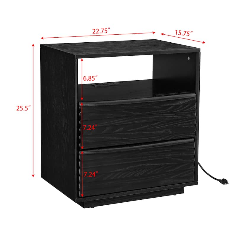 Roomfitters Mid Century Nightstand, Louver Design Bedside Table with USB Charging, Storage Drawers