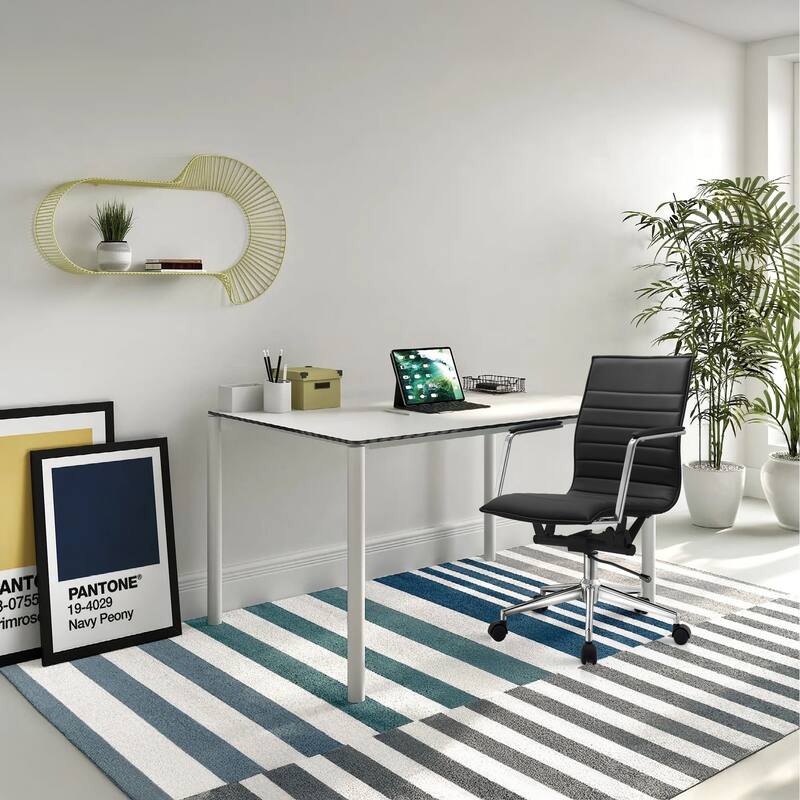 Modern Office Desk Chair | Upholstered PU Leather Ribbed Mid Back with Metal Frame | Adjustable Height, Tilt Lock - N/A
