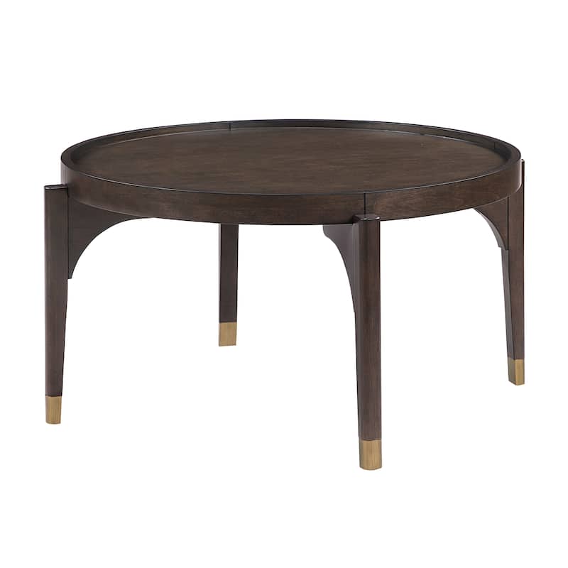 Dark Brown Round Coffee Table Solid Wood Legs Gold Tip Classic Luxury Cocktail Table for Living Room