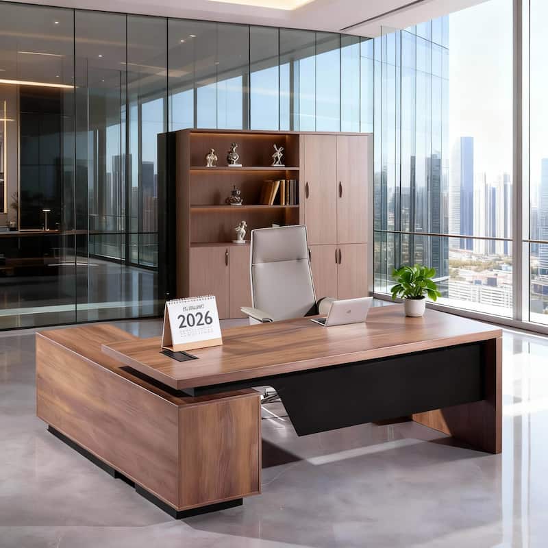 WESOME Retractable L-Shaped Executive Desk with Cable Management Drawers and Lateral File Cabinet - 86.6 - 94.5 IN - Right Return