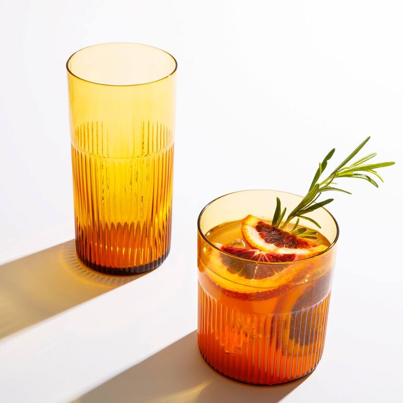 Bloomhouse Lyon Sky 8 Piece Hand Made 16 OZ Colored Glass Couble Old Fashioned Set W/ Coasters