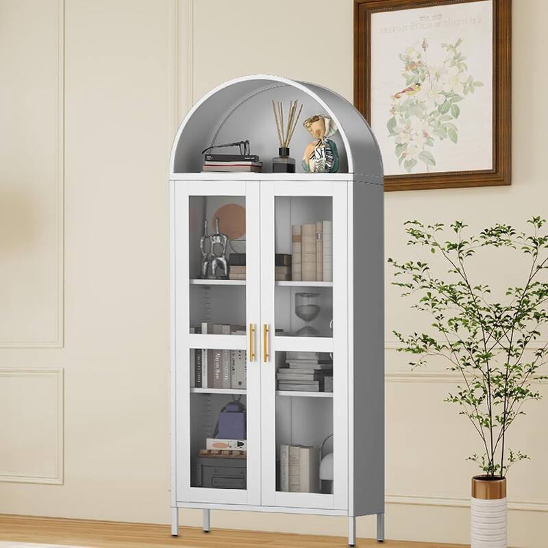 73'' Tall Metal Arched Cabinet, Modern Arch Kitchen Pantry Storage Cabinet with Glass Doors - White