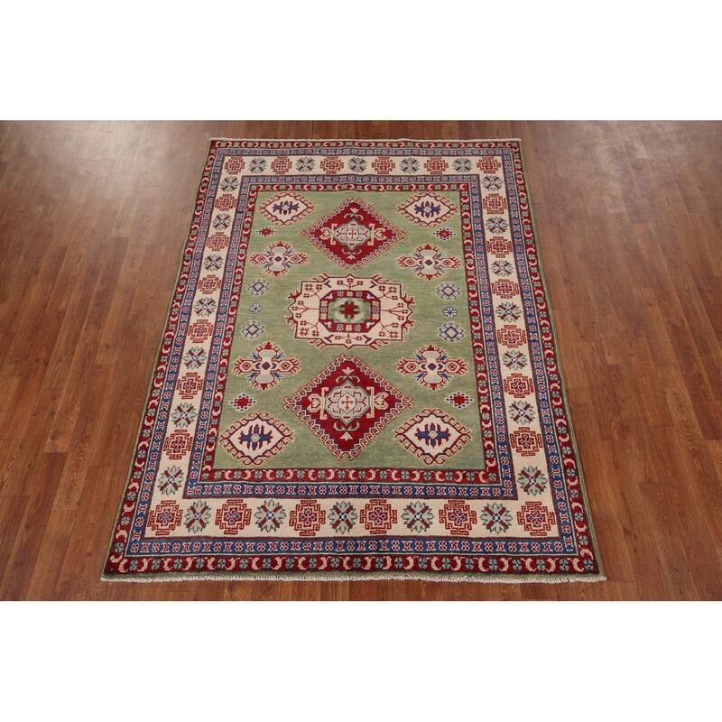 Green Geometric Kazak Area Rug Hand-Knotted Wool Carpet - 4'10" x 6'8"