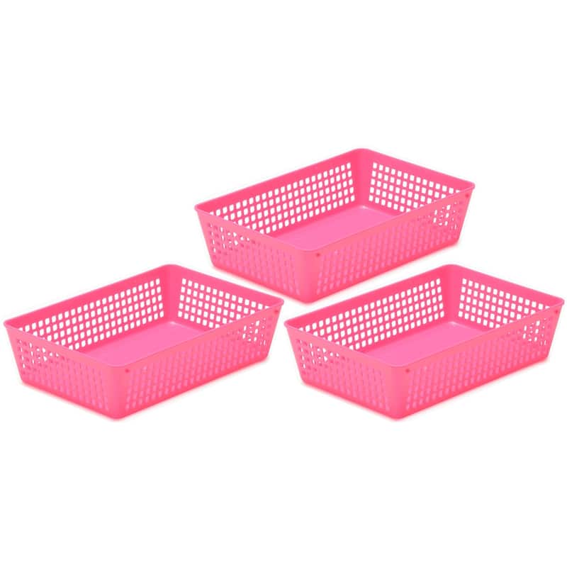 3-Pack Plastic Storage Baskets for Office Drawer, Classroom Desk - Pink
