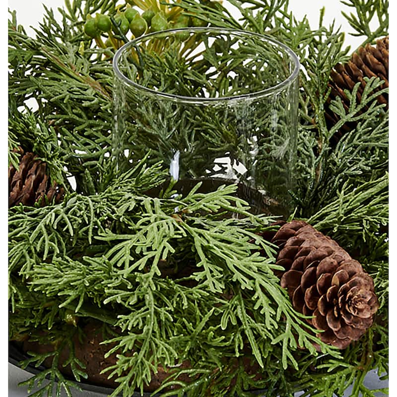 15" Artificial Real Look Cypress Pine Cone Candle Holder Christmas Centerpiece - 15