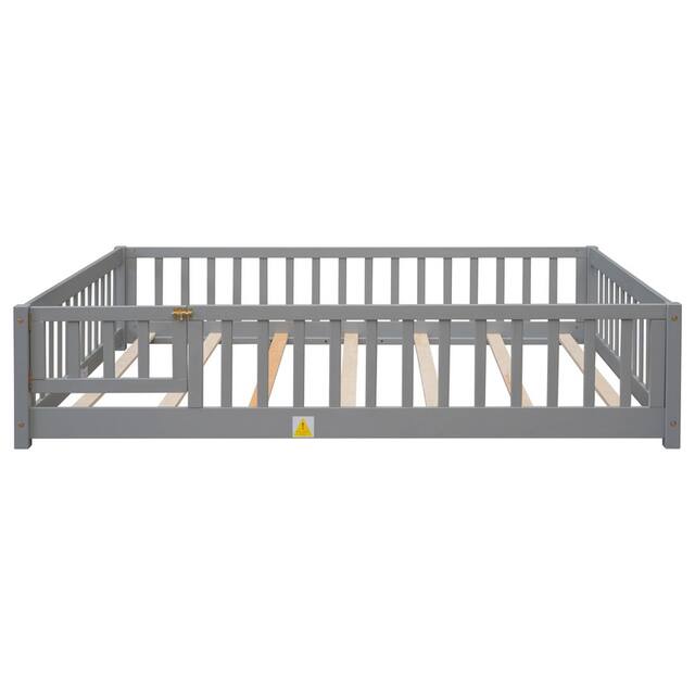 Twin/Full/Queen size Floor Platform Bed with Fence and Door for Kids, Toddlers
