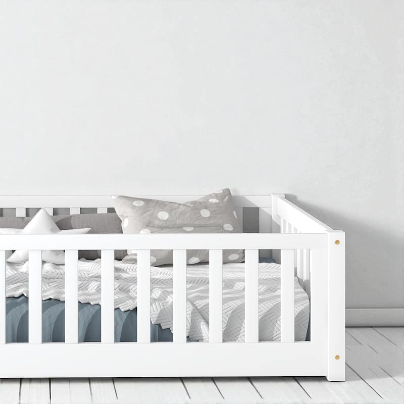 Twin Floor Bed with High Safety Fence, Rubber Wood Construction, Easy Assembly