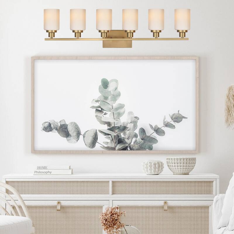 6-Light Bathroom Light Fixtures Brushed Brass 6-Light Bathroom Vanity Light, Bathroom Lights Over Mirror with Milky Glass Shade