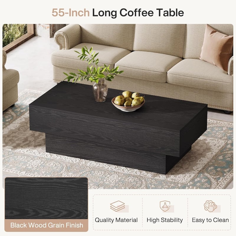 55" Wood Coffee Table, Large Rectangle Tea Table Vintage Center Table for Living Room, Office Reception