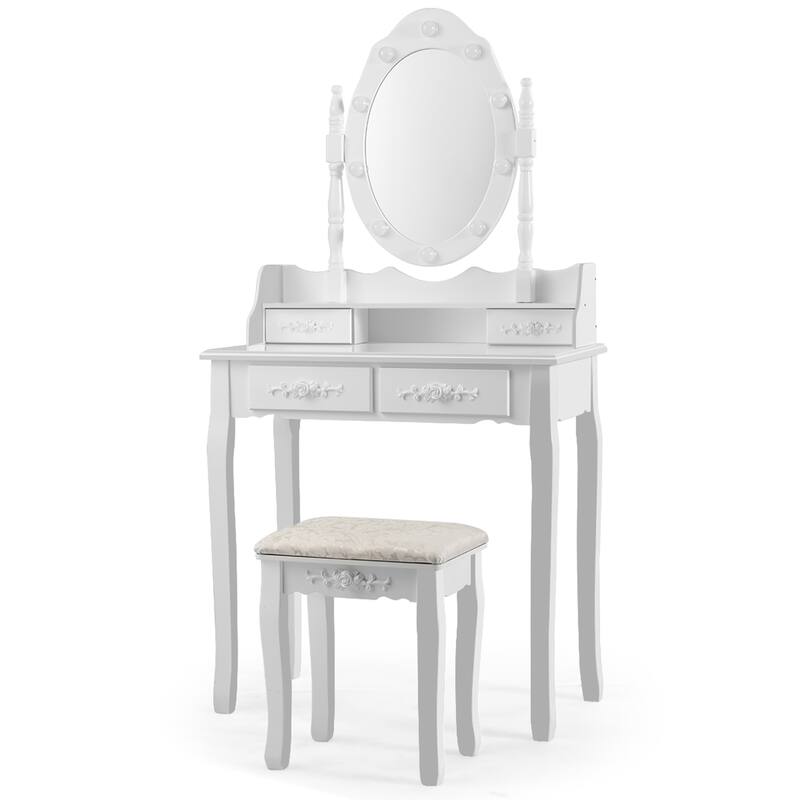 Gymax Makeup Vanity Dressing Table Set w/10 Dimmable Bulbs Cushioned - See Details