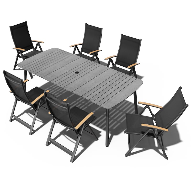 7/9PC Patio Dining Table Rectangular Aluminum Outdoor Table with Folding Chairs