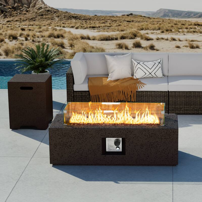 COSIEST Outdoor Rectangular Propane Fire Pit with Wind Guard, Tank Cover Table