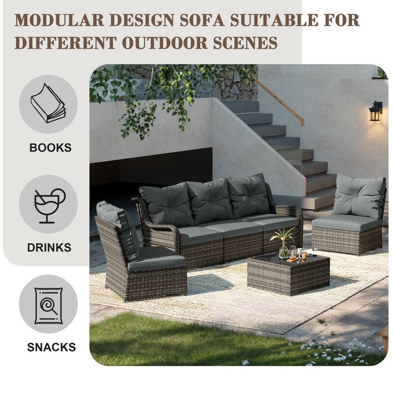 6-pieces Patio Wicker Outdoor Sectional Seating Sofa Set with Coffee Table