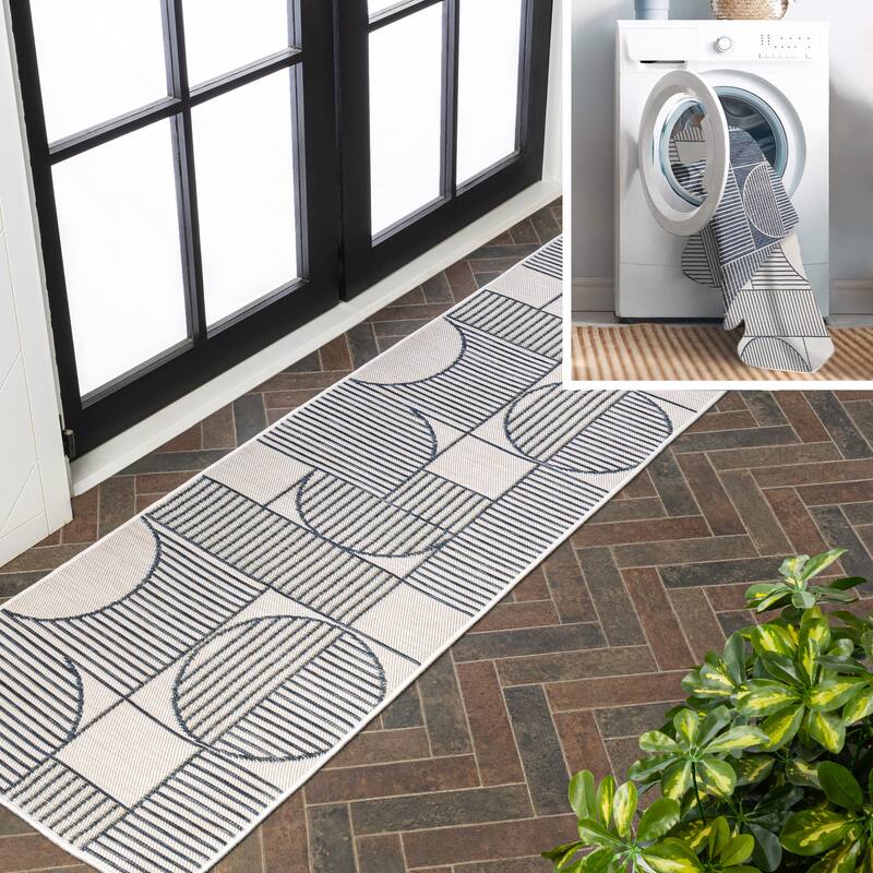 JONATHAN Y Reversible Biot Mid-Century Modern Geometric Lines Machine-Washable Navy/Cream Indoor/Outdoor Area Rug - 2 X 8
