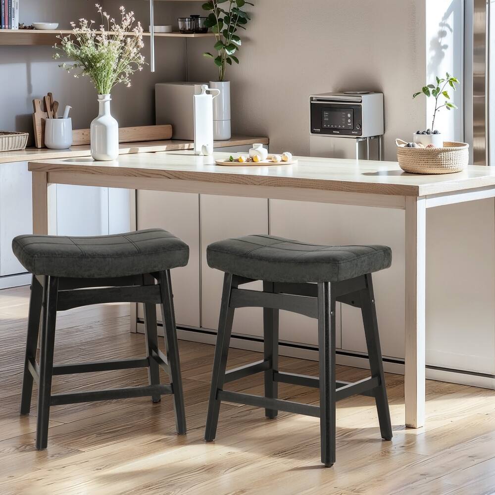 24 Inch Solid Wood Barstools with Linen / PU Leather Fabric Cushion, Set of 2