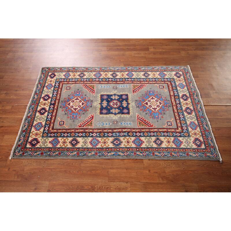 Geometric Kazak Accent Rug Hand-Knotted Traditional Wool Carpet - 3'2" x 5'0"