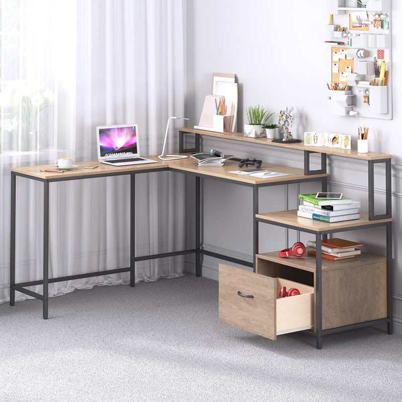 Mixoy L Shaped Computer Gaming Desk with File Cabinet&Power Outlet,Home Office Desk with Storage Shelf,Drawer,Monitor Stand