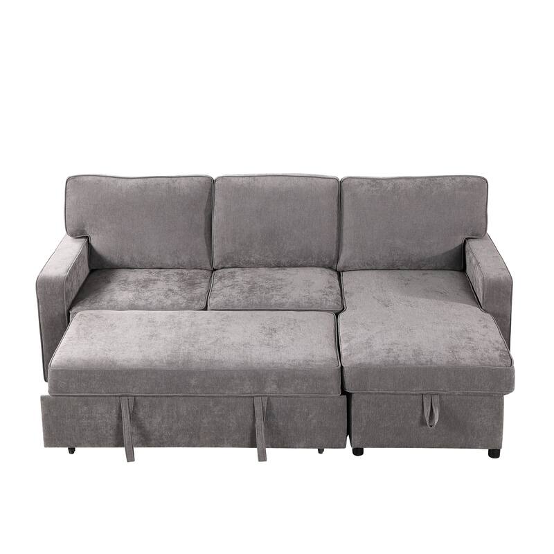 Chenille L-shaped Sectional Sofa with Pull Out Sleeper Bed, Reversible Storage Chaise, Folding Cup Holders and Charging Station