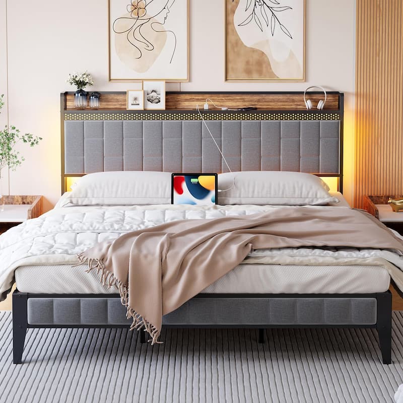 Bed Frame with Charging Station - Grey - King