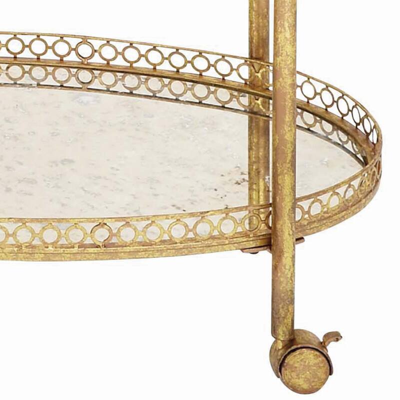 Metal Rolling Oval 2 Shelf Bar Cart with Vintage Inspired Details - Gold or Brass - Roche River Decor