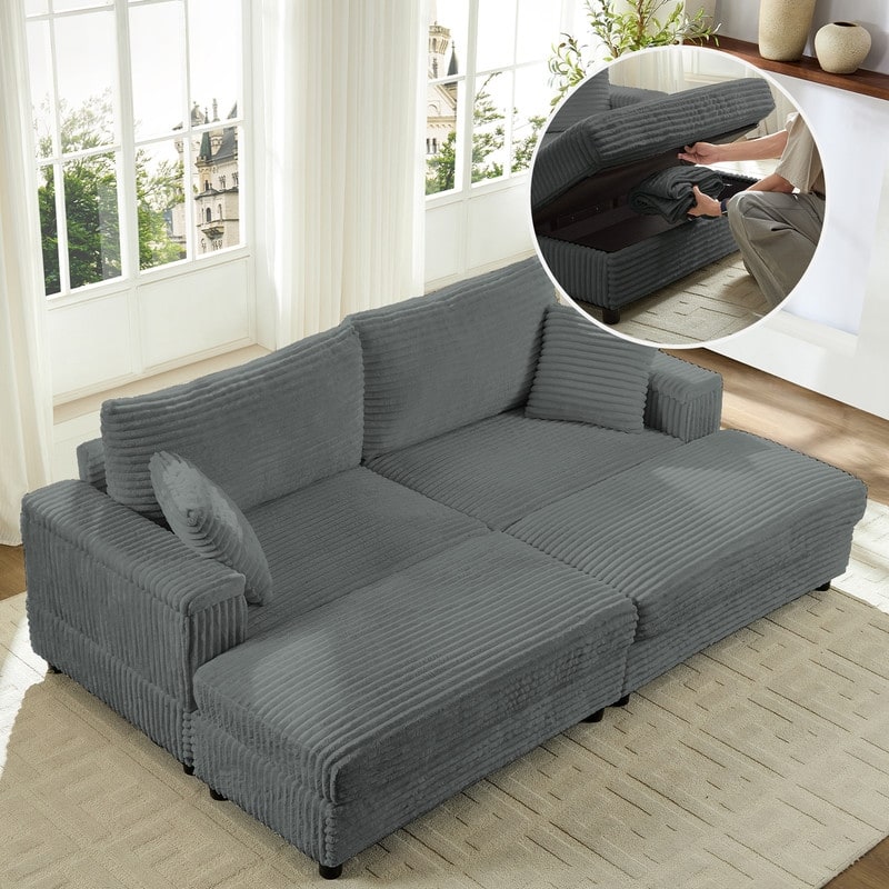 Mixoy 85‘’Corduroy Loveseat Chaise Lounge with Storage Ottoman&Armrests,Upholstered 2-Seater Sleeper Reclining Chair Indoor