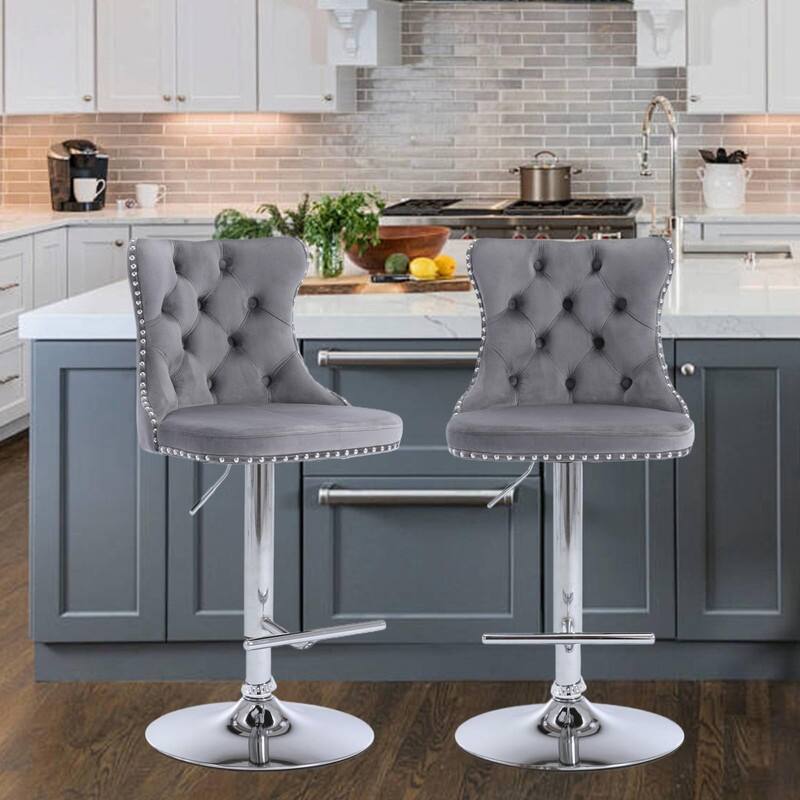 Velvet Upholstered Nailheads Tufted Swivel Bar Stools (Set of 2) - Grey SliverBase